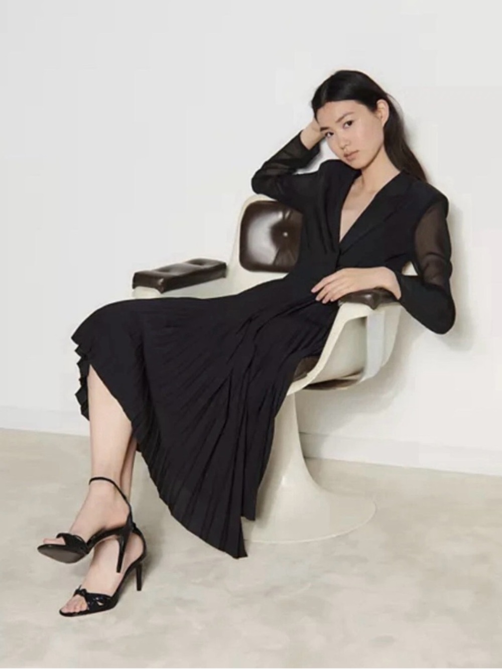Sandro Paris Black Pleated Midi Dress | Dual Material | US 2 | Elegant - Picture 2 of 16
